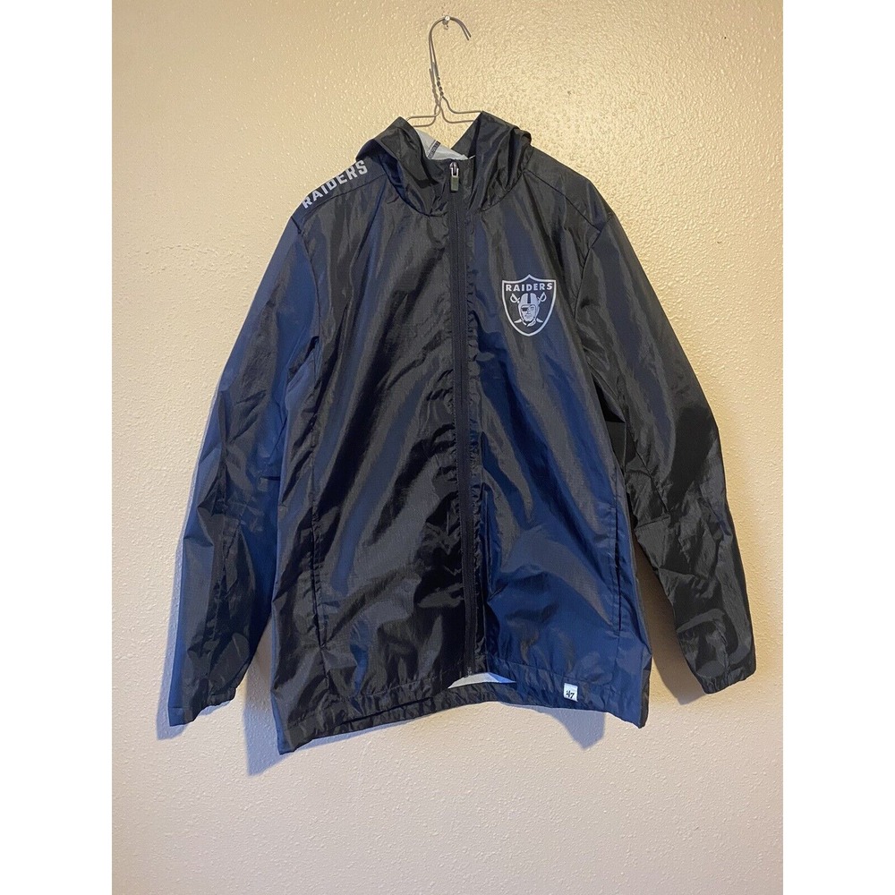 Las Vegas Raiders Black‎ Logo NFL 47 Brand Light Windbreaker Jacket Hooded Rain